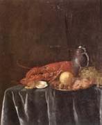 Pieter Gijsels Still life of a lemon,hazelnuts and a crab on a pewter dish,together with a lobster,oysters two wine-glasses,green grapes and a stoneware flagon,all u Norge oil painting reproduction